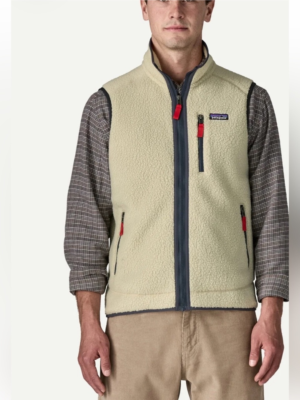 Patagonia Retro pile Cream Sherpa Fleece Vest with Dark Trim Sz XL